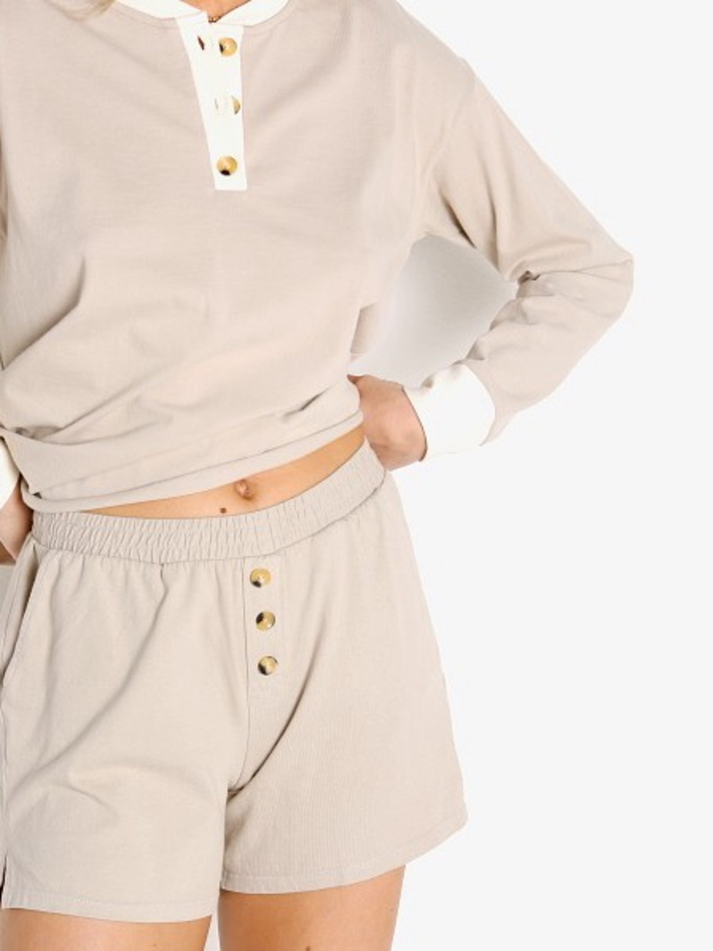 NWT DONNI. High-Waist Tan Button-Front Shorts